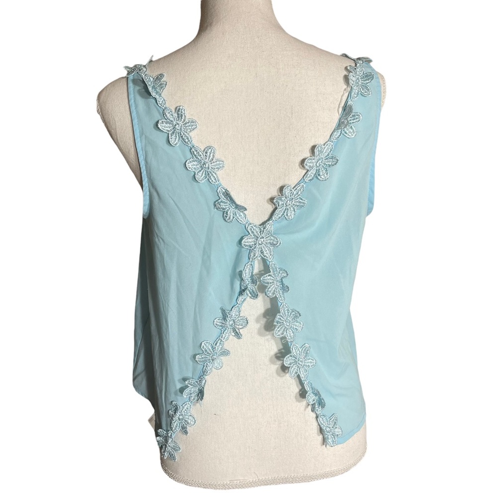 Flower Embroidered Open Back Tank L Chiffon Blu Pepper Aqua Sky Blue Applique
